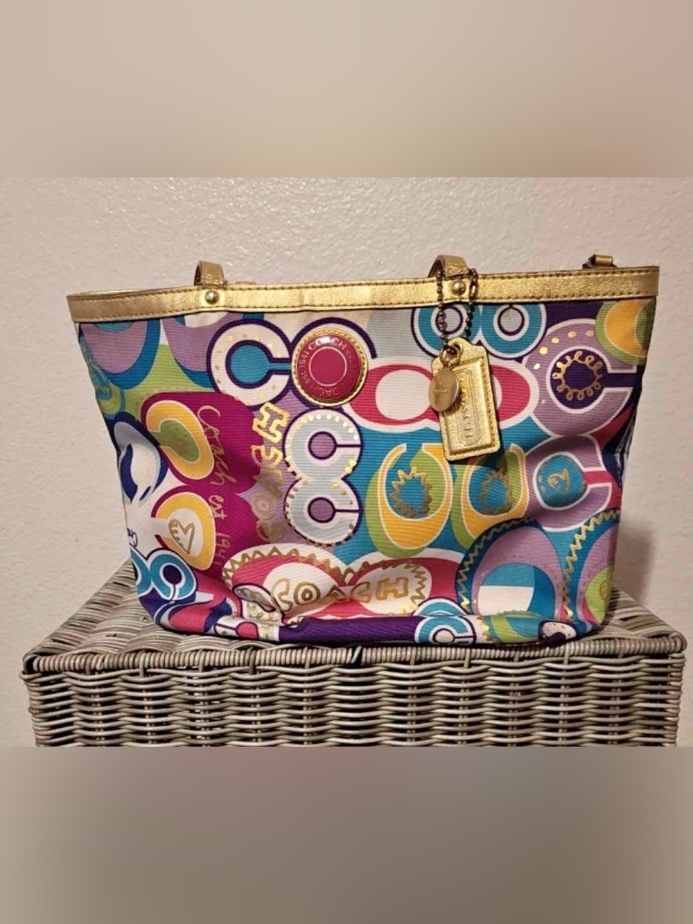 Coach Multicolor Signature Circle Print Tote with Gold Trim Vintage